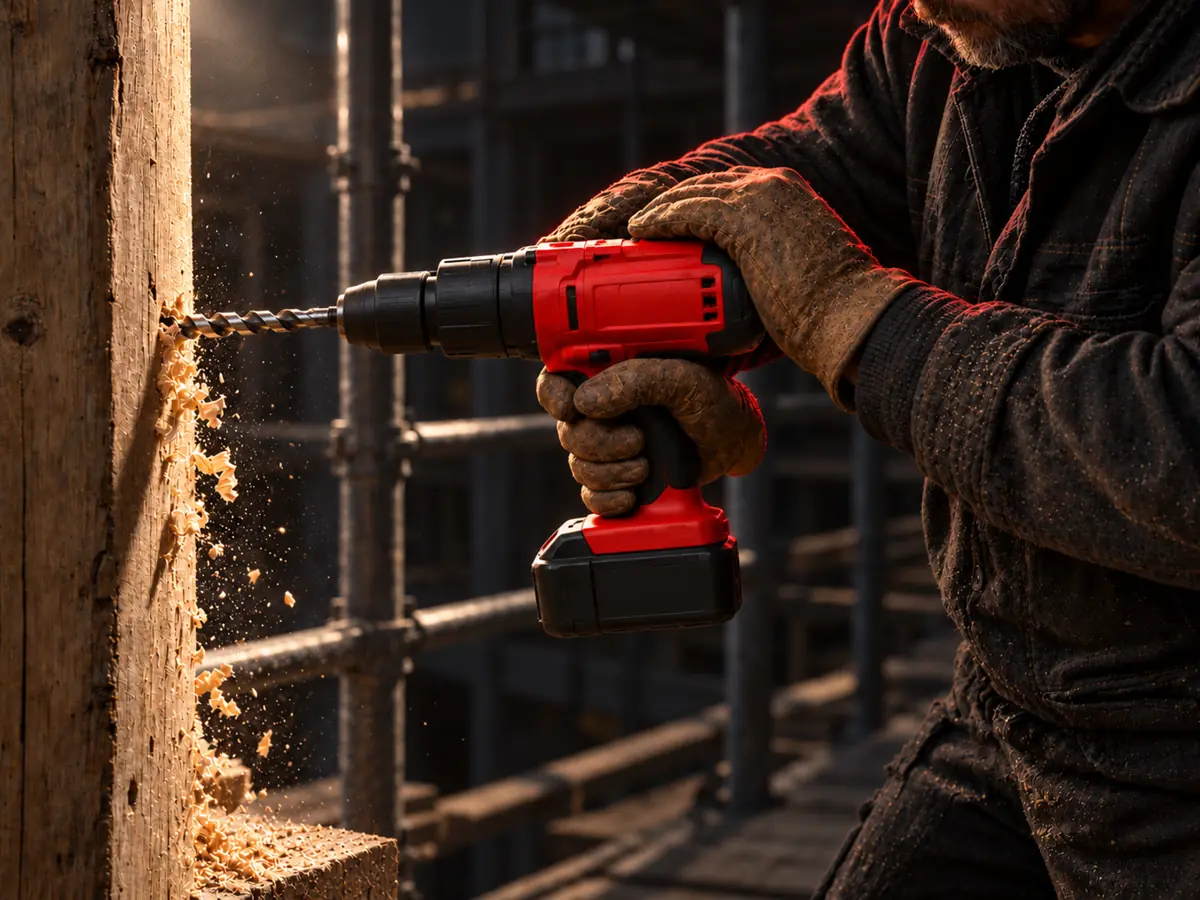 A red cordless drill working freely on a scaffold