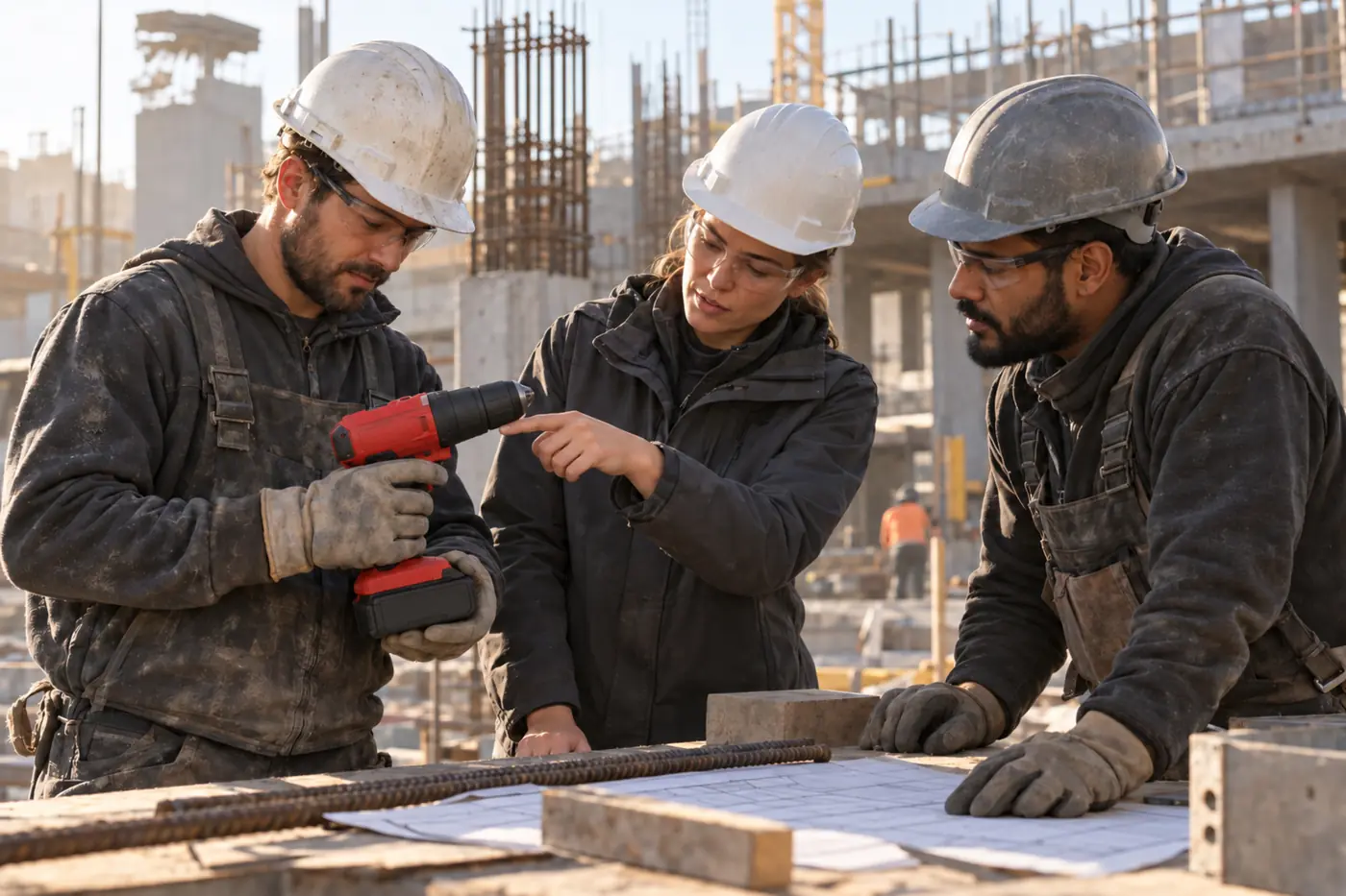 A construction crew and an engineer reviewing a red cordless tool on site